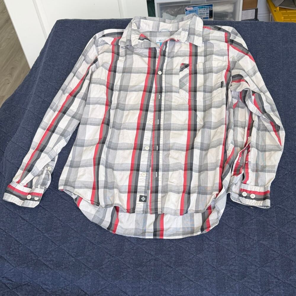 Columbia Omni-Wick Women's L Plaid Roll-Tab Shirt Red Gray White Hiking